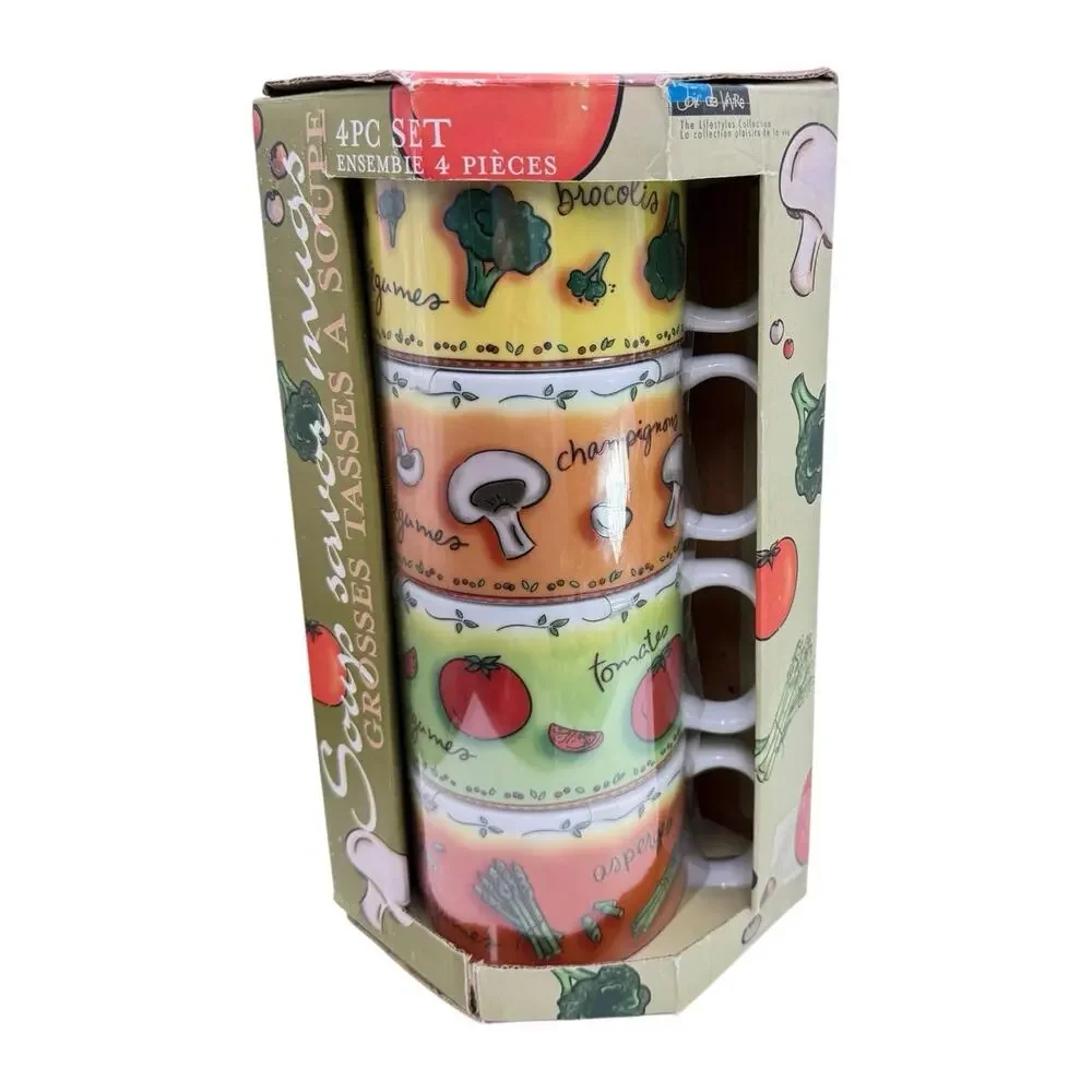 4pc‎ Stackable Soup Mugs Set MSC Vegetable Ceramic Jocha Tea Coffee 14oz NOS VTG